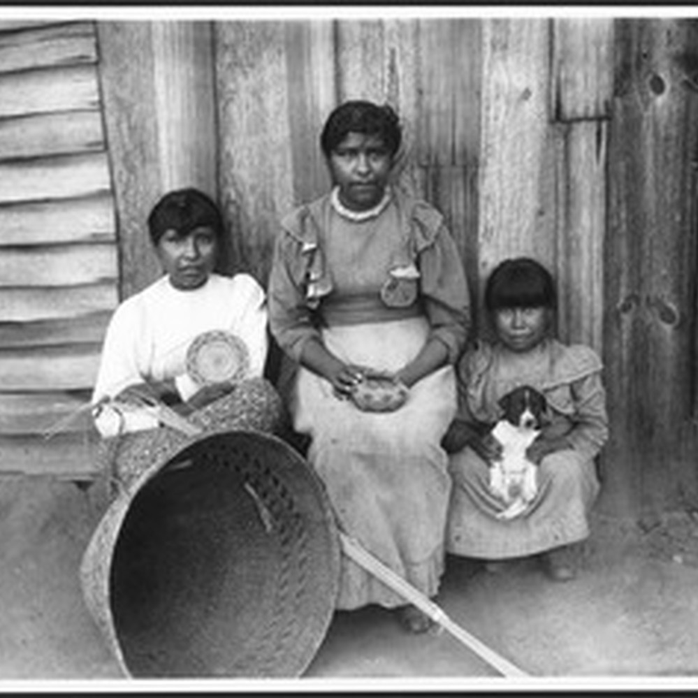 Yokut Indian women basket maker and two children, Tule River