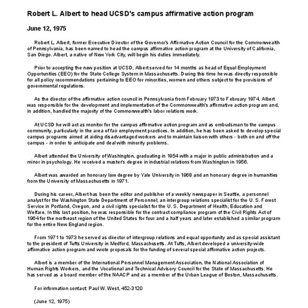 Calisphere Robert L Albert To Head Ucsd S Campus Affirmative