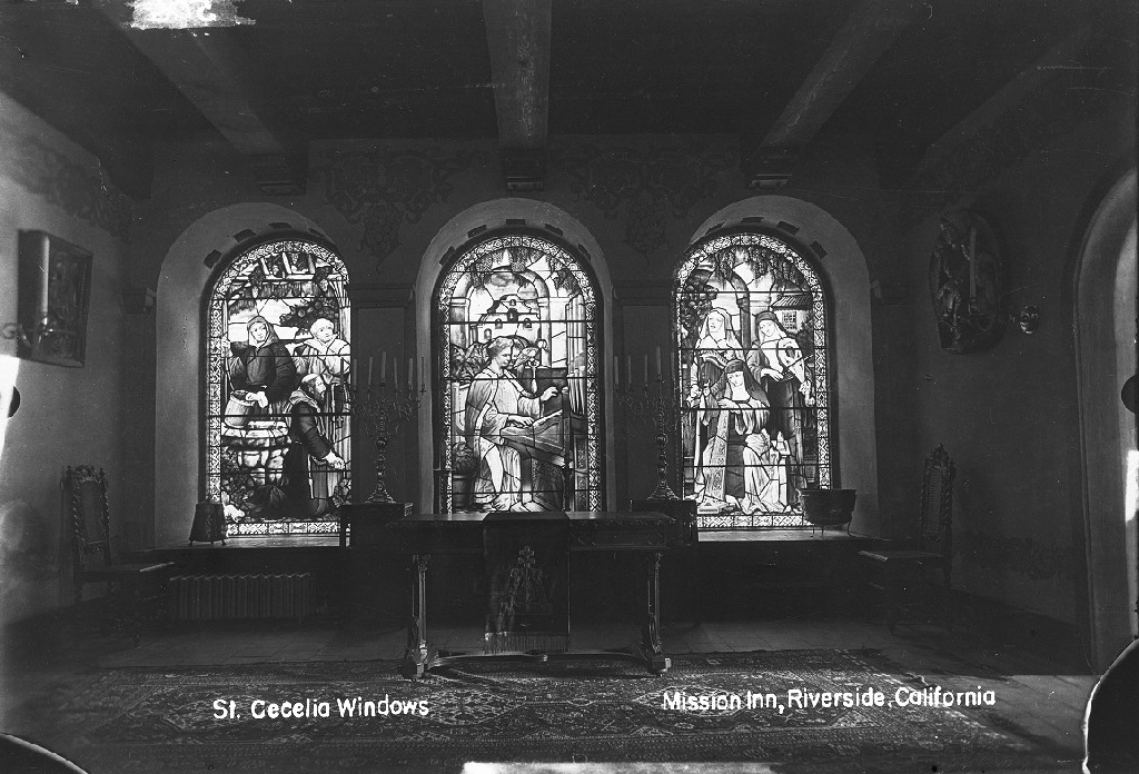 Window From Mission Santa Ines St. Cecilia Windows, Mission Inn — Calisphere